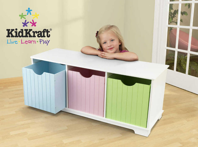 KidKraft - Meuble de rangement bas enfant-KidKraft-Banc de rangement en bois avec tiroirs pastels 99x