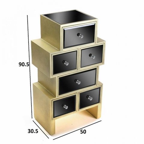 WHITE LABEL - Commode-WHITE LABEL-Commode VARESE en verre noir 6 tiroirs design doré