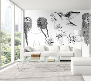 IN CREATION - cheveux et oiseau noir sur blanc - Wallpaper