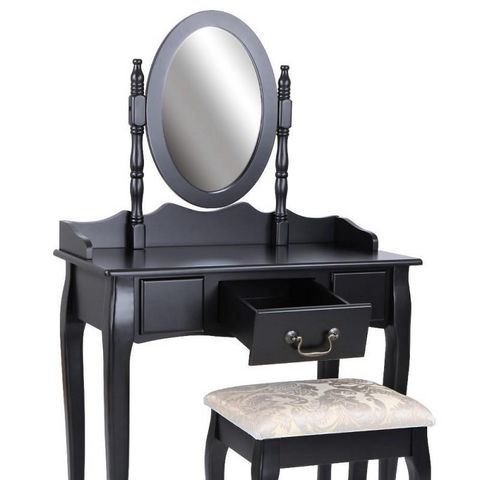 WHITE LABEL - Dressing table-WHITE LABEL-Coiffeuse bois noir miroir tabouret