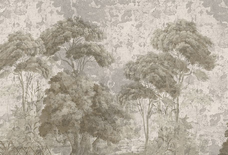 Ananbô - Panoramic wallpaper-Ananbô-Pins et oliviers grisaille sépia Patine XVIIIème